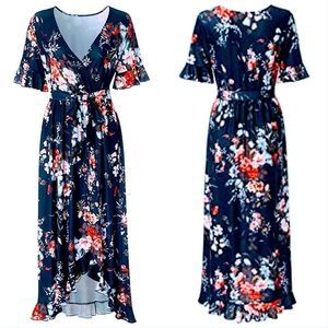 NWT! BOUTIQUE DEEP V NECK TIE WAIST ELBOW SLEEVE RUFFLED HI-LOW FLORAL DRESS
